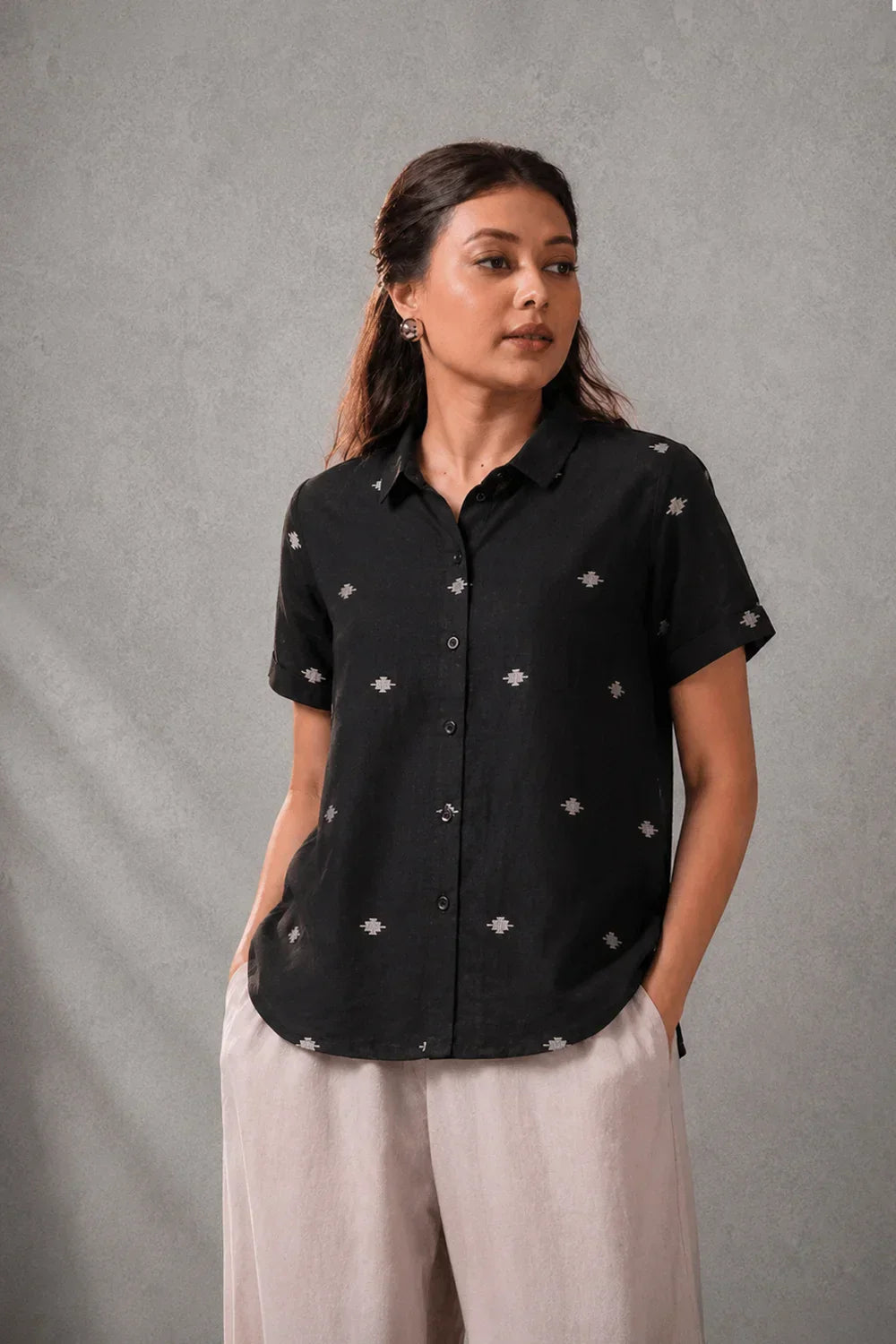 Black Yantra Motifs Jamdani Shirt | SHOBITAM