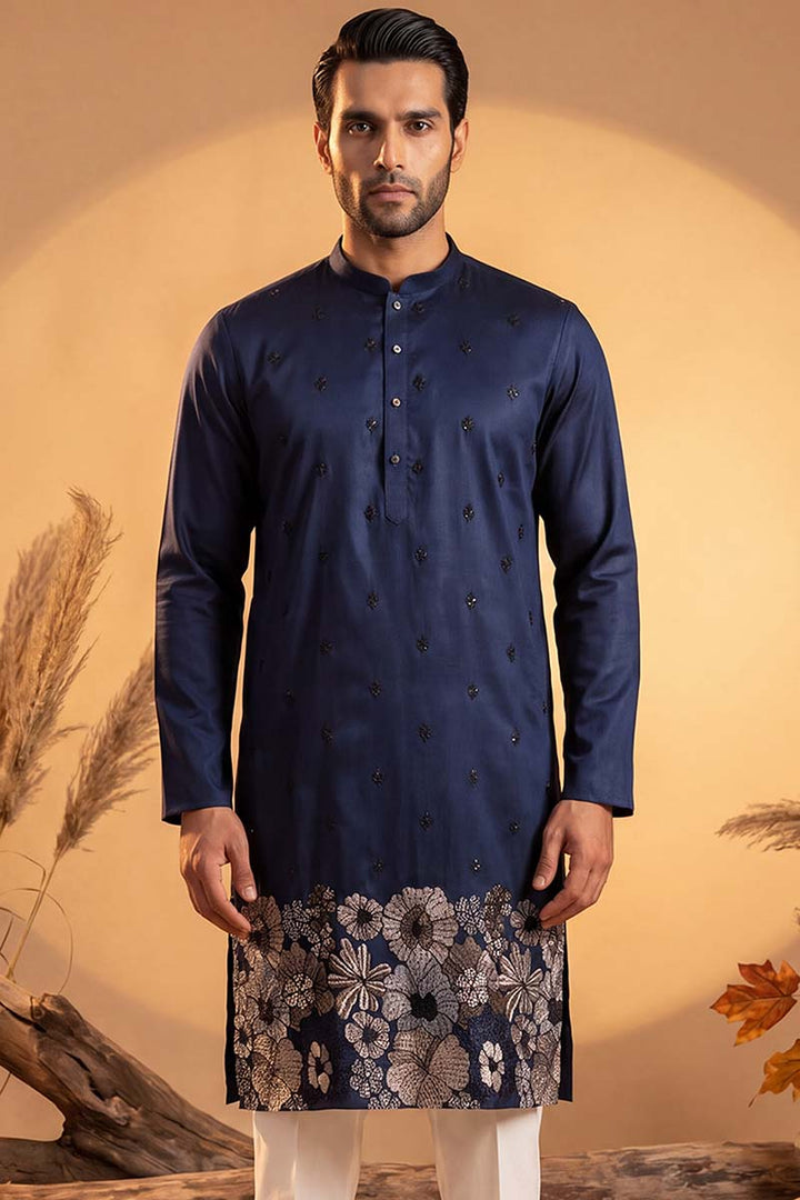 Mens Blue Silk Blend Solid Embroidered Kurta With Trousers | SHOBITAM