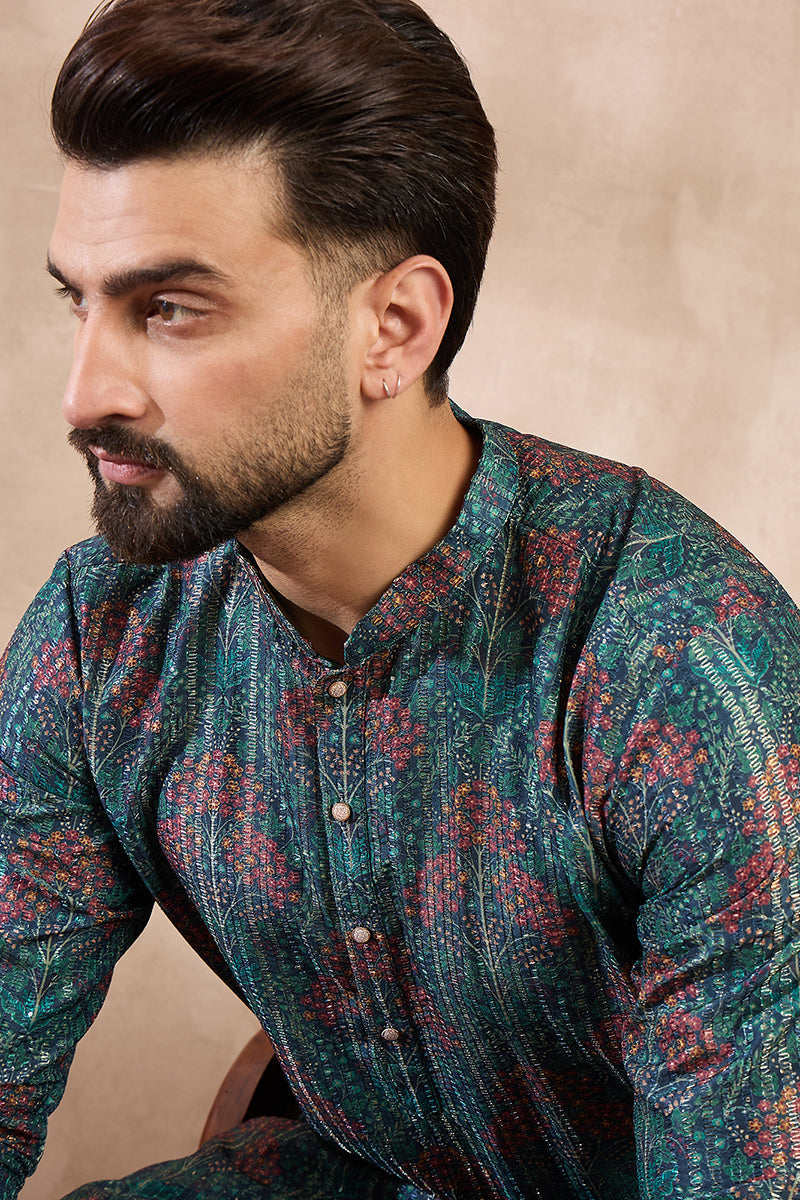 Blue Silk Blend Floral Printed Straight Kurta With Trouser| SHOBITAM