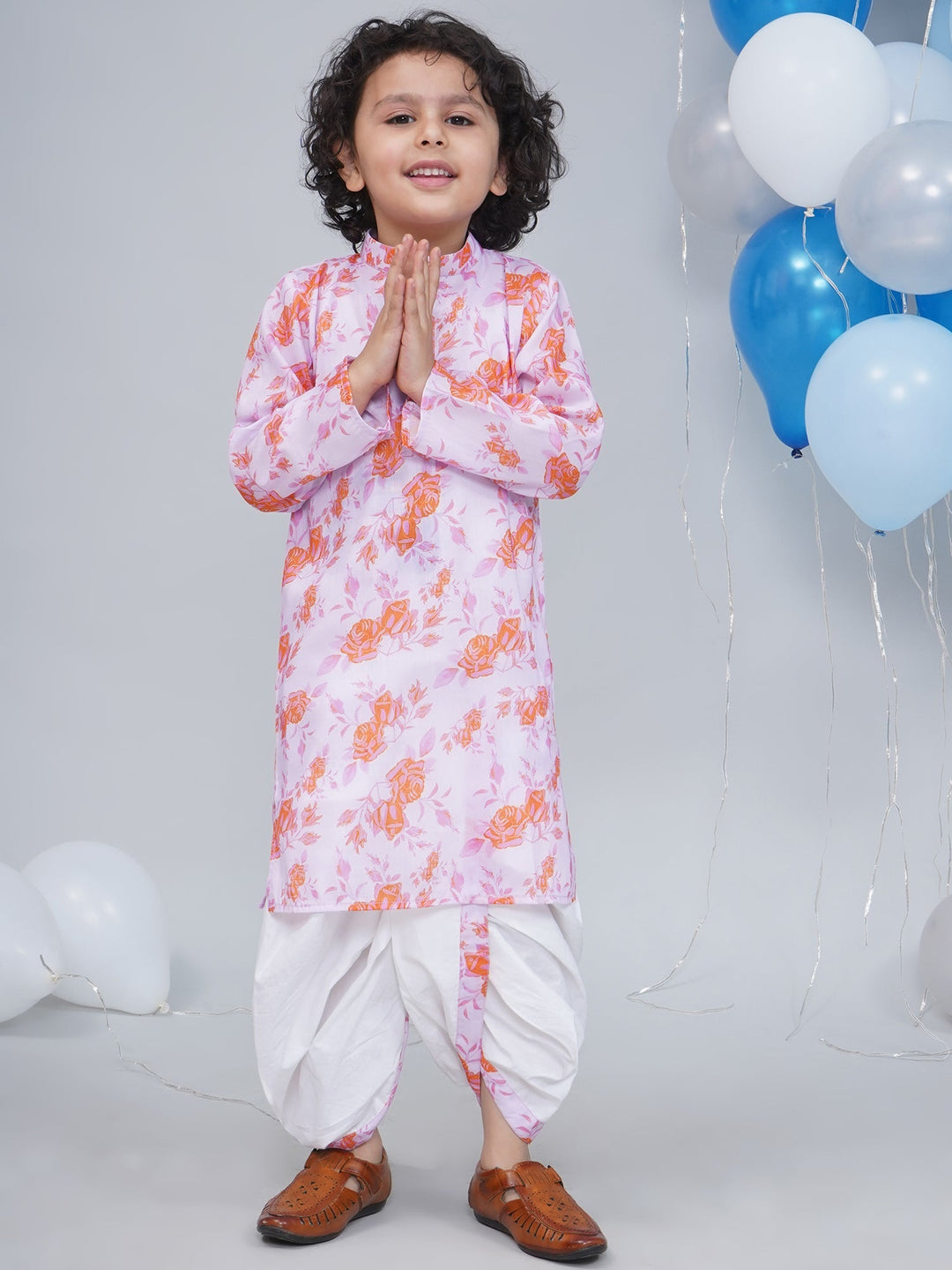 Boys Peach & Orange Rose Bloom Kurta Dhoti Set | SHOBITAM