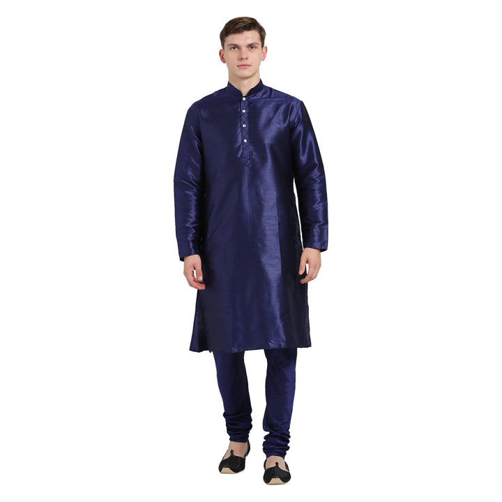 Navy Blue Silk Blend Solid Kurta | SHOBITAM
