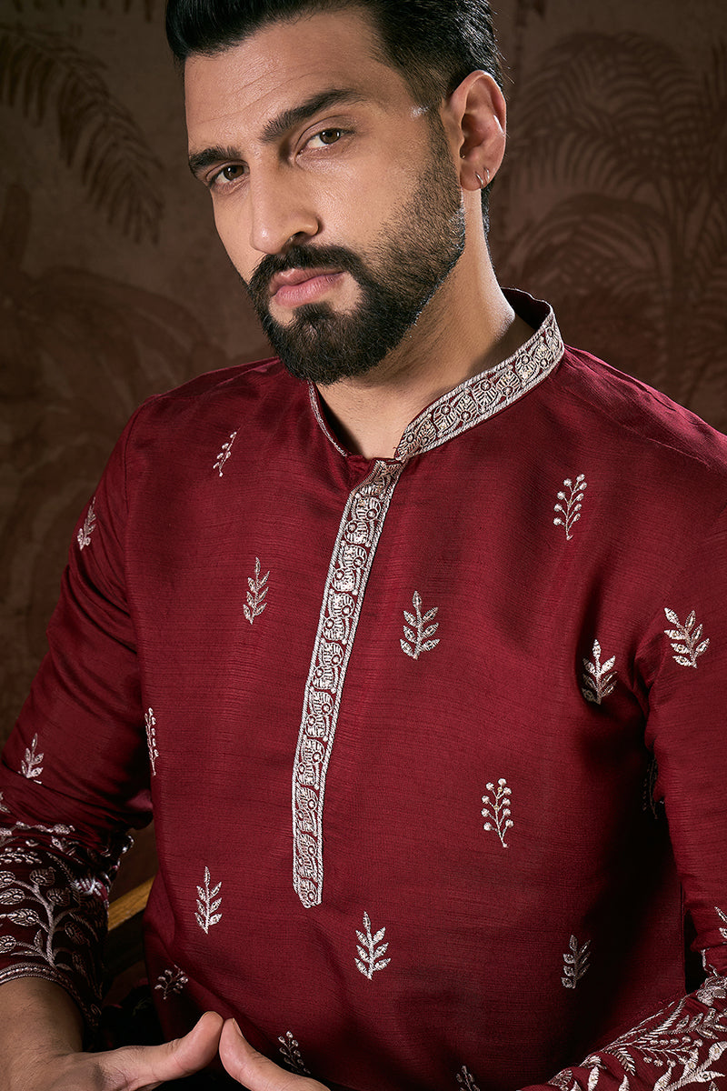 Maroon Silk Blend Solid Embroidered Straight Kurta With Trouser | SHOBITAM