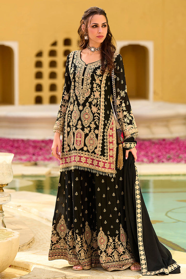 Black Chinon Chiffon Embroidered Straight Kurta Sharara with Dupatta| SHOBITAM