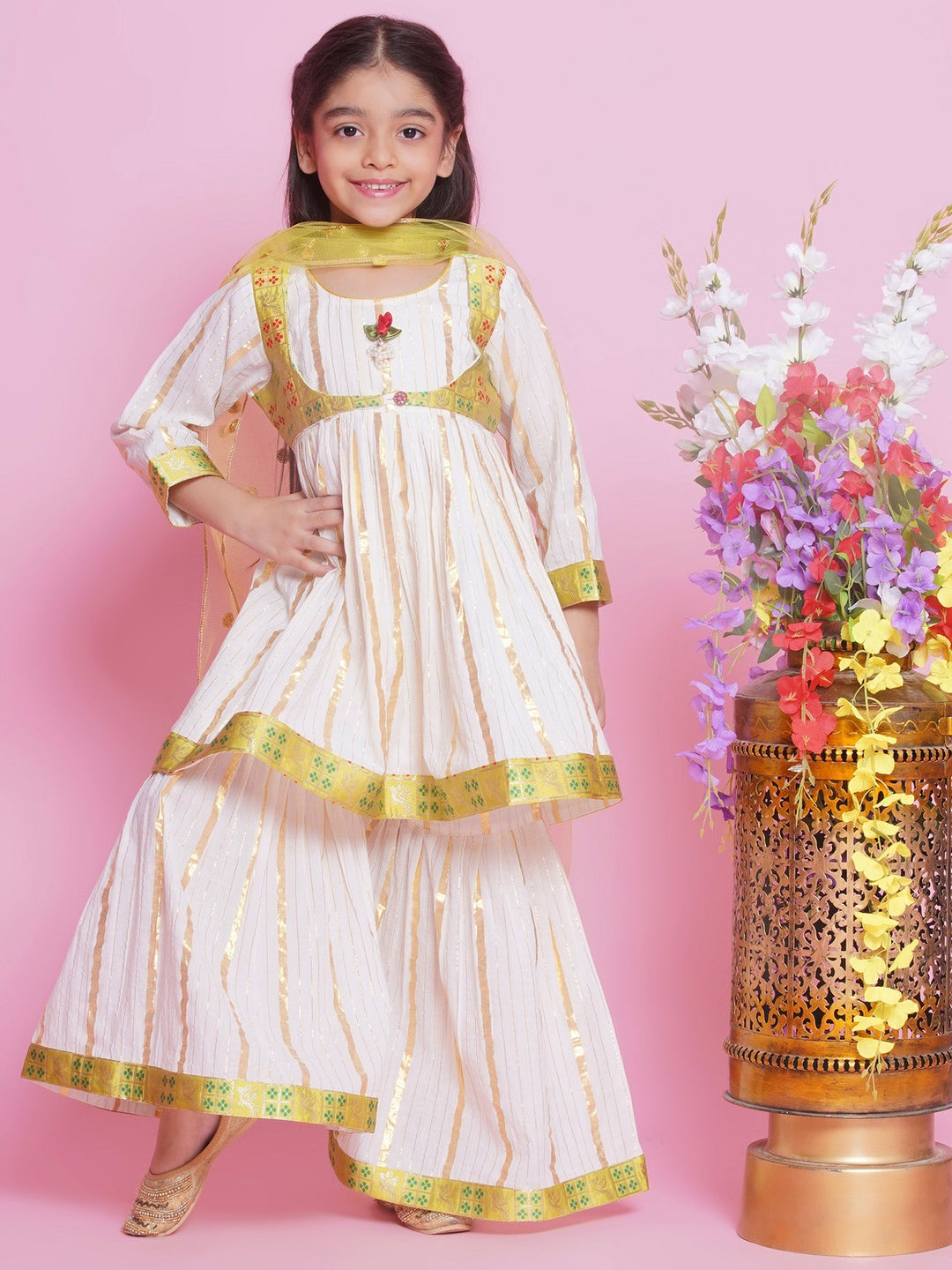 Girls Cotton Bird & Floral Anarkali Sharara Set with Dupatta - Cream | SHOBITAM