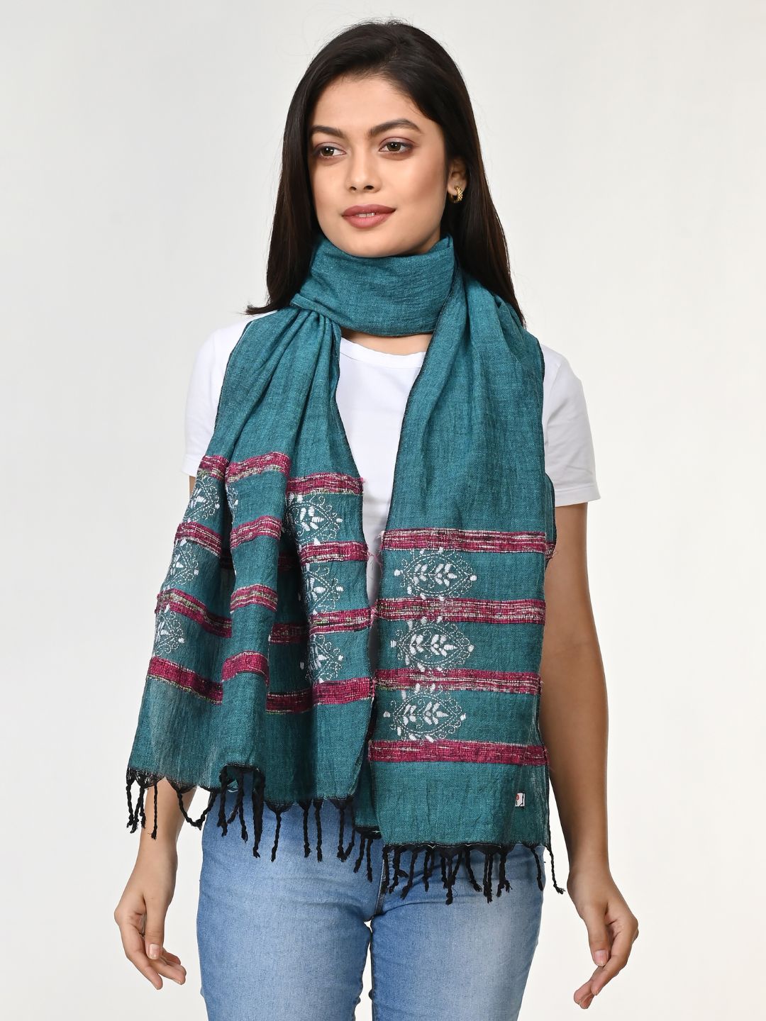 Teal Green White Khesh Kantha Cotton Stole | SHOBITAM