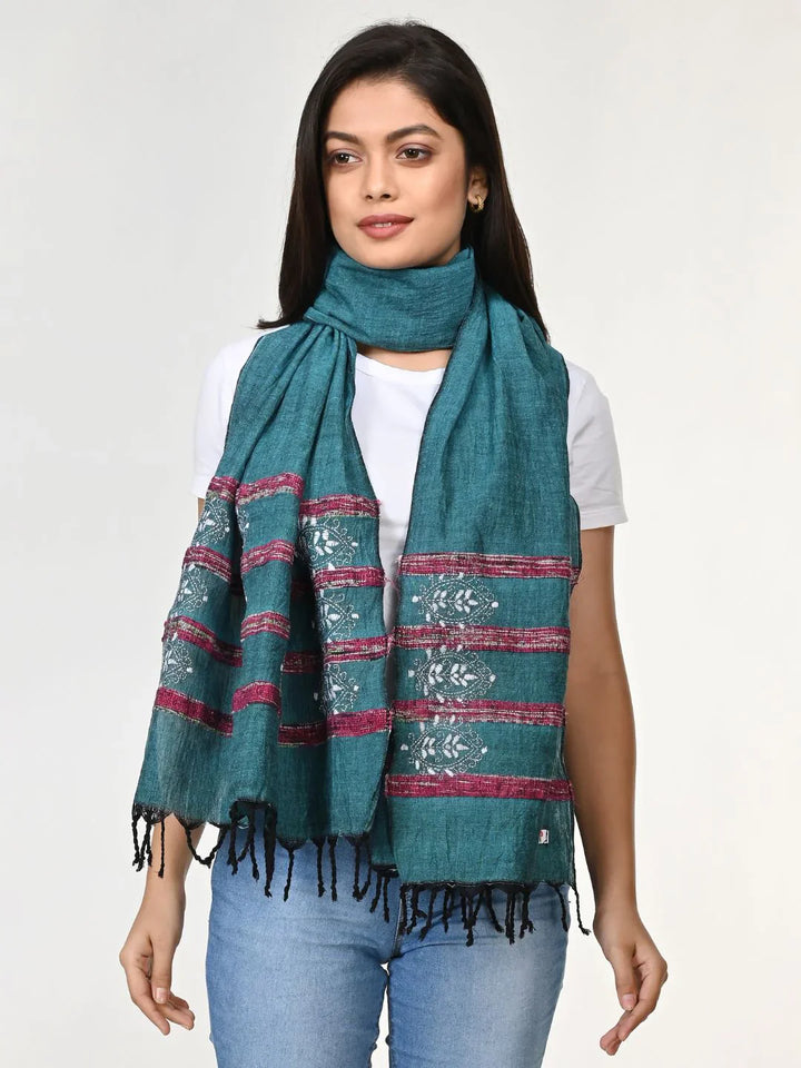 Teal Green Khesh Kantha Cotton Stole