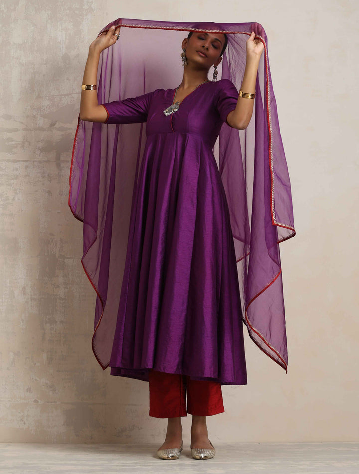 Purple Silk Anarkali Kurta Pant Dupatta Set | SHOBITAM