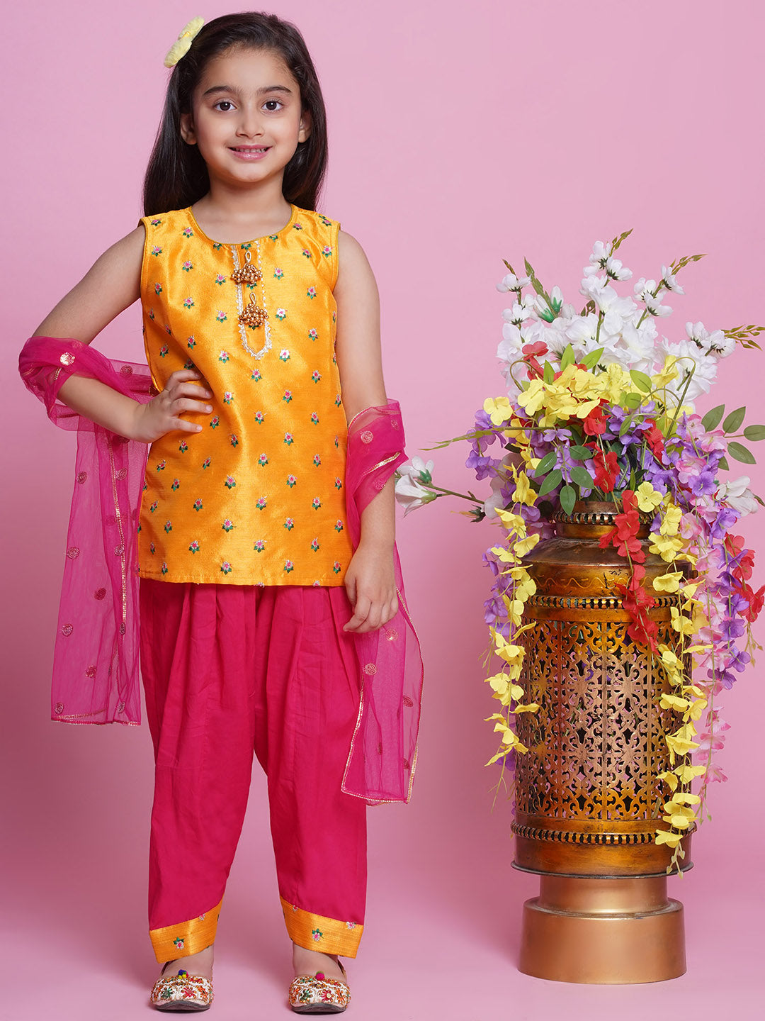 Mulberry Semi-Silk Sleeveless Floral Choti Buti Embroidery Kurta with Salwar & Dupatta - Yellow and Pink