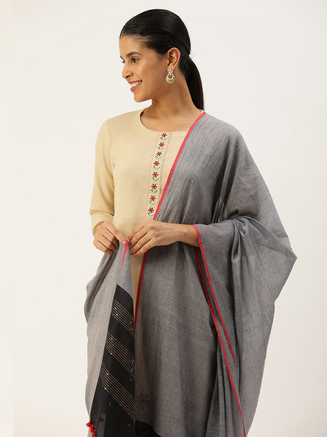 Grey Black Sequins Cotton Dupatta | SHOBITAM