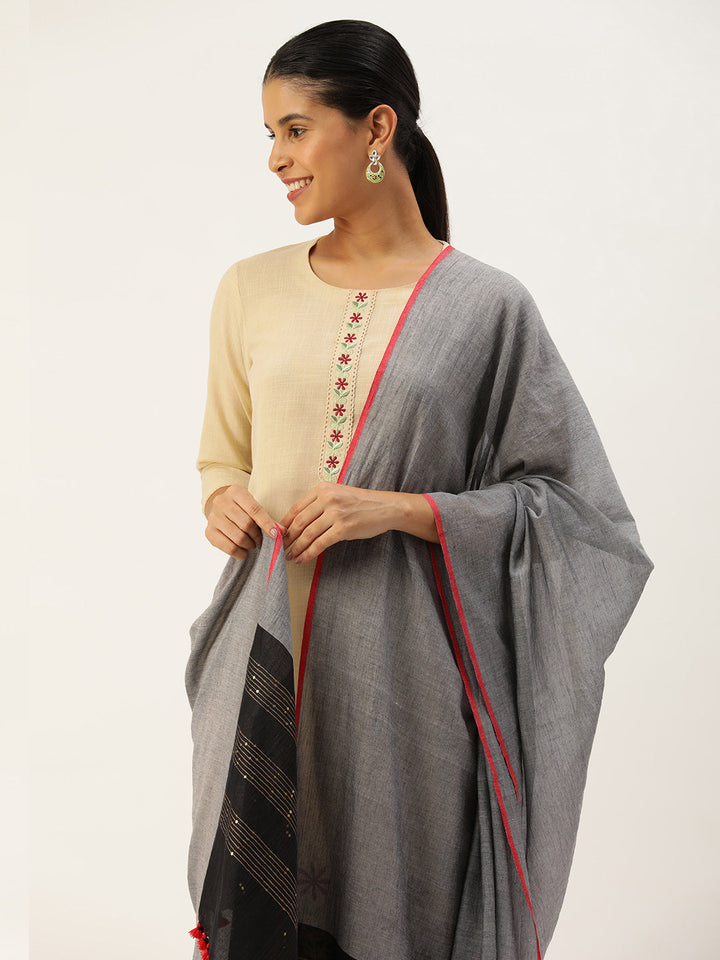 Grey Black Sequins Cotton Dupatta | SHOBITAM