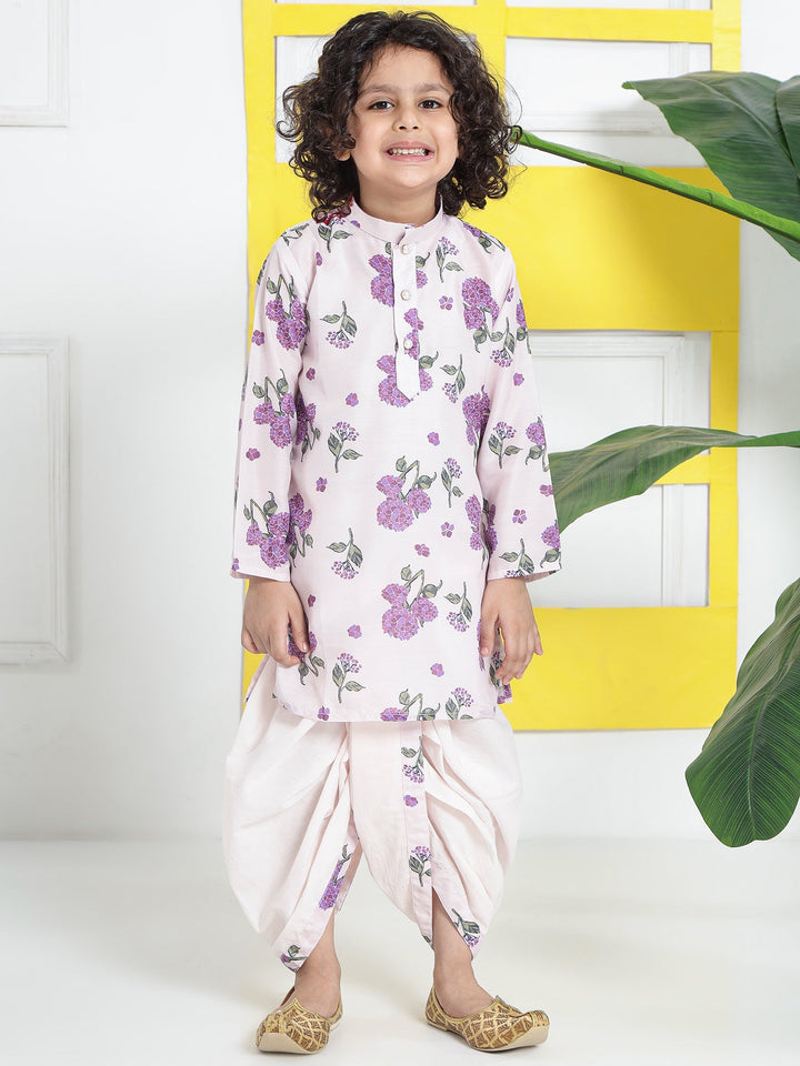 Petal Pink Floral Muslin Kurta with Cotton Dhoti | SHOBITAM