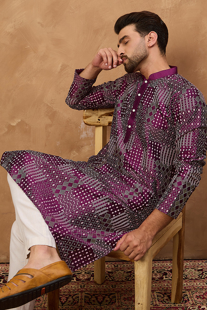 Purple Silk Blend Geometric Printed Straight Kurta  | SHOBITAM