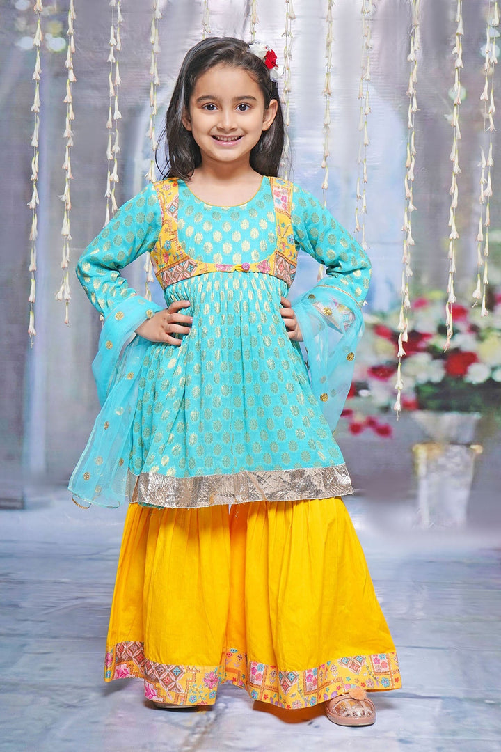 Girls Floral work Kurta with Sharara and Dupatta with Embroidery Work | SHOBITAM