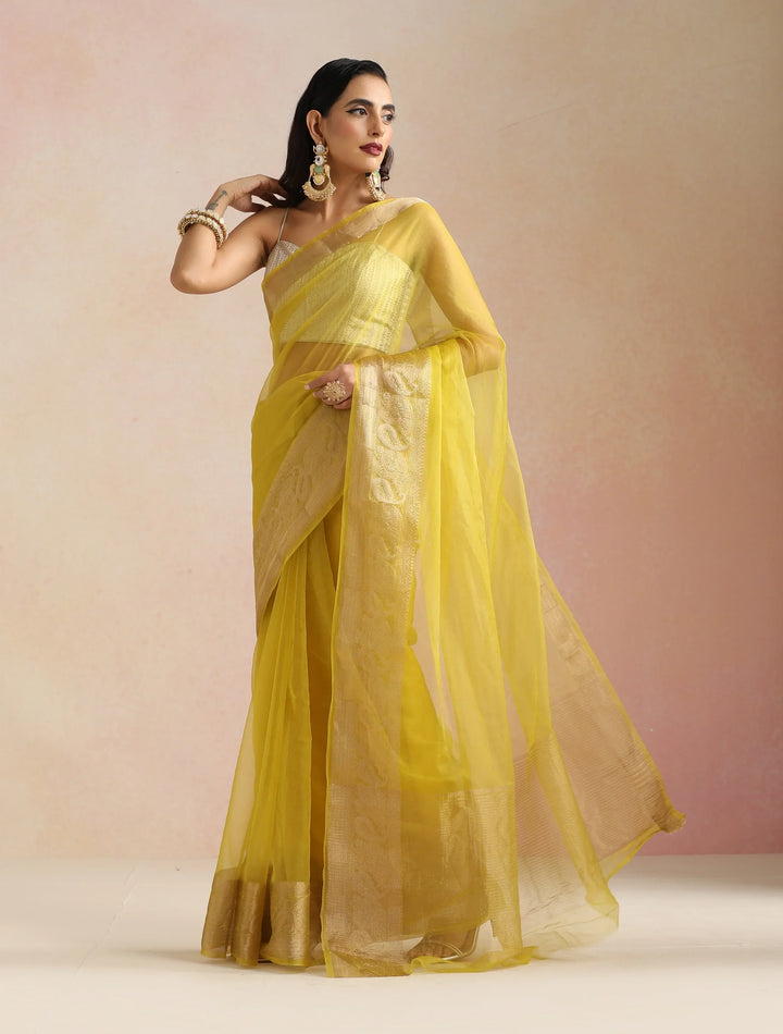 Lime Organza Saree With Unstitched Blouse| SHOBITAM