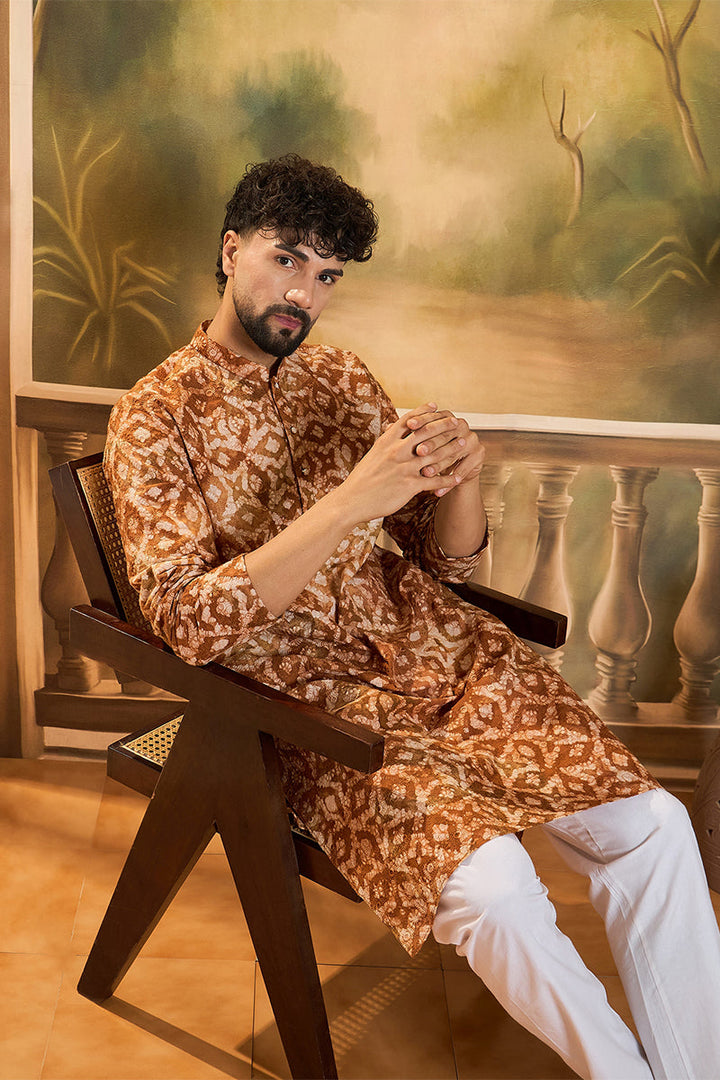 Brown Cotton Batik Embroidered Straight Kurta  | SHOBITAM