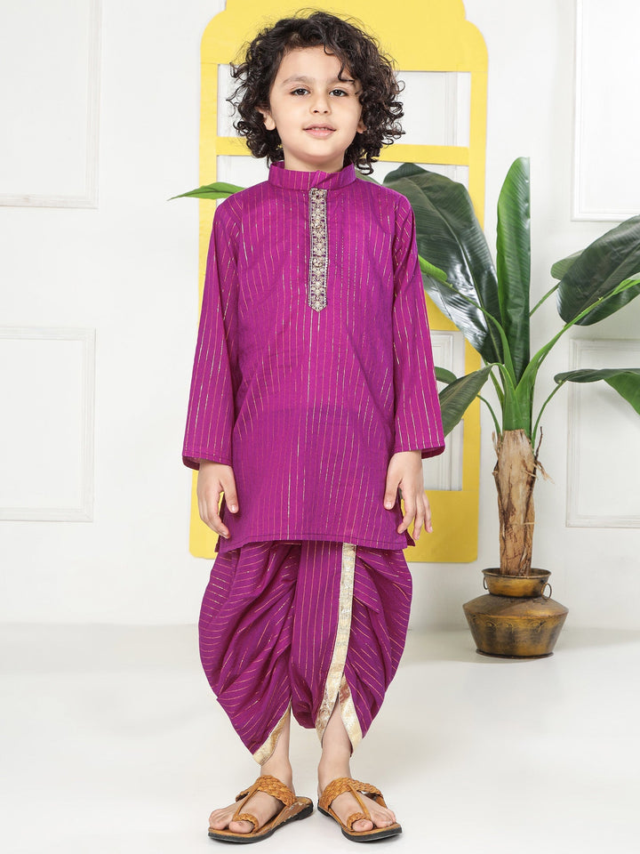 Purple Lurex Striped Cotton Kurta Dhoti set | SHOBITAM