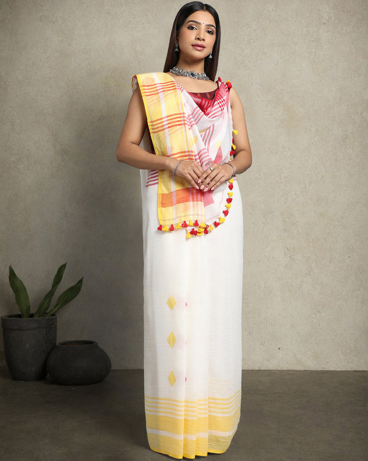 White Red Diamond Jamdani Cotton Saree | SHOBITAM