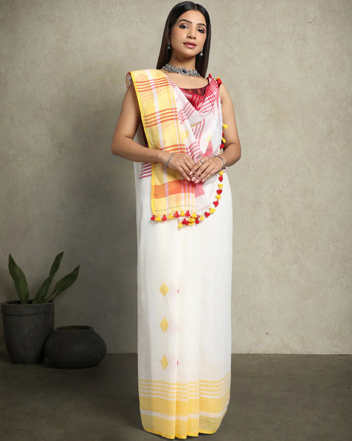 White Red Diamond Jamdani Cotton Saree