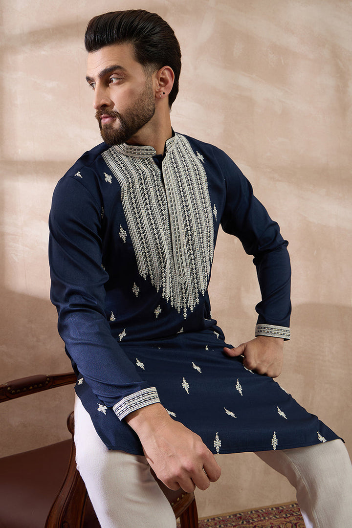 Navy Blue Silk Blend Embroidered Mandarin Collar Straight Kurta | SHOBITAM