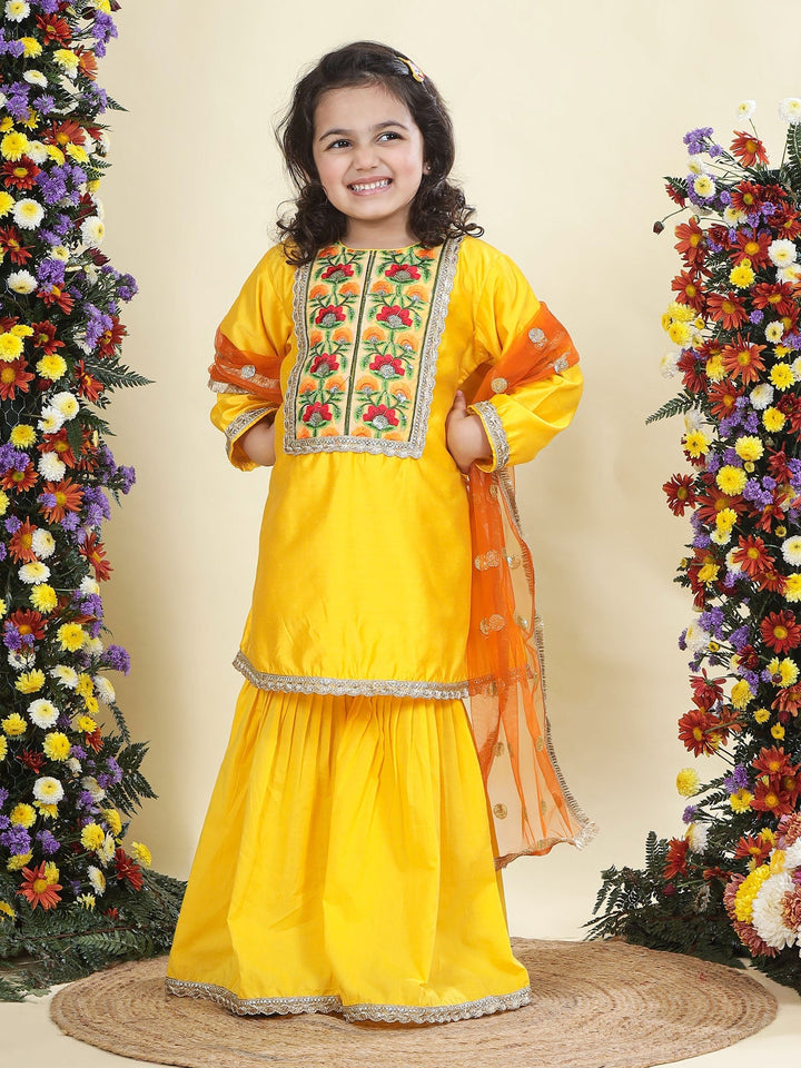 Yellow Floral Embroidered Semi-Silk Kurta with Cotton Sharara and Dupatta Set | SHOBITAM