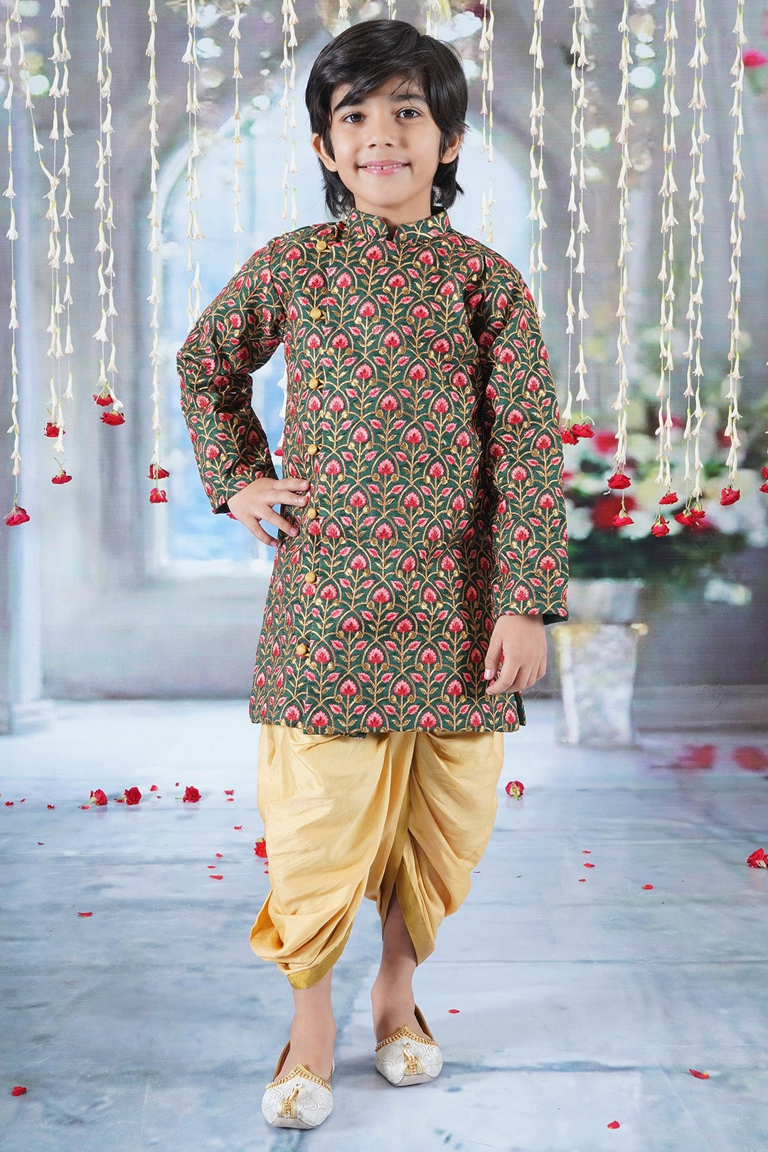 Boys Bageecha Floral Thread work Angrakha Sherwani with Beige Silk Dhoti in Green | SHOBITAM