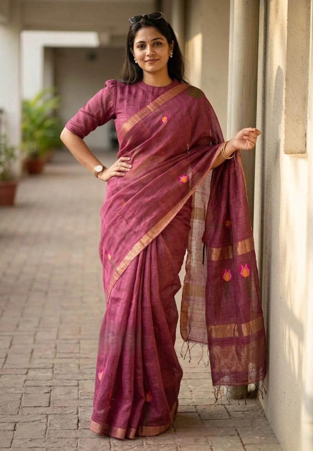 Rosewood Pink - Handloom Tissue Silk Linen Jamdani Saree - With Handloom Mark | SHOBITAM