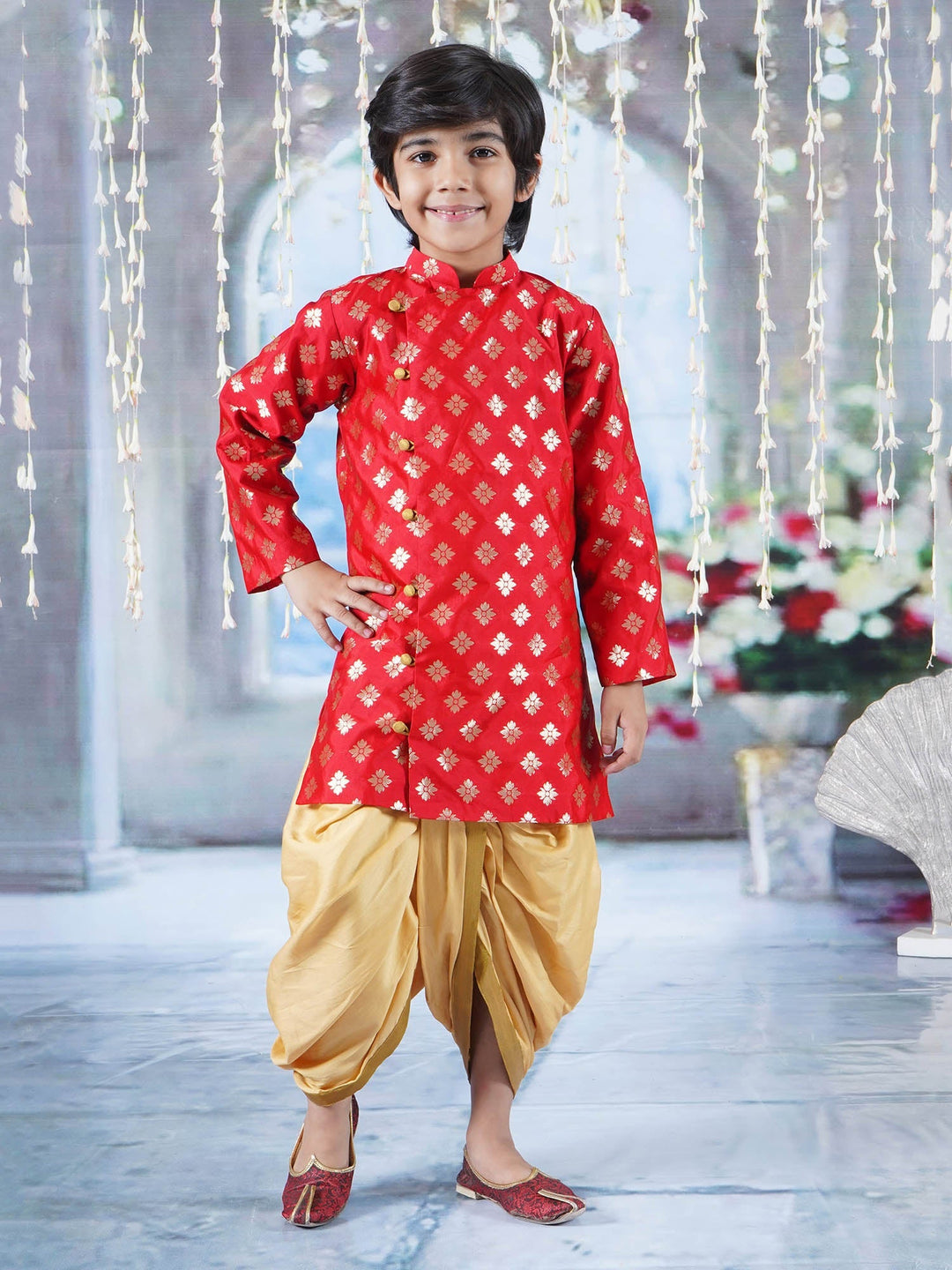 Boys Floral Embrodiery Sherwani with Dhoti -Red & Golden | SHOBITAM