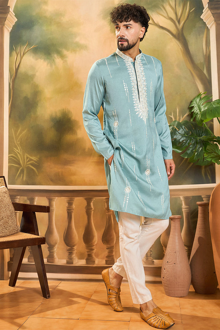 Blue Silk Blend Solid Embroidered Straight Kurta with Trouser | SHOBITAM