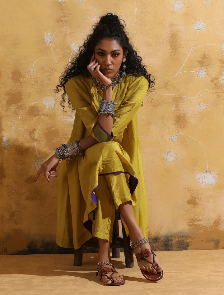 Lime Muslin Silk Flared Kurta Co-ord Set | SHOBITAM