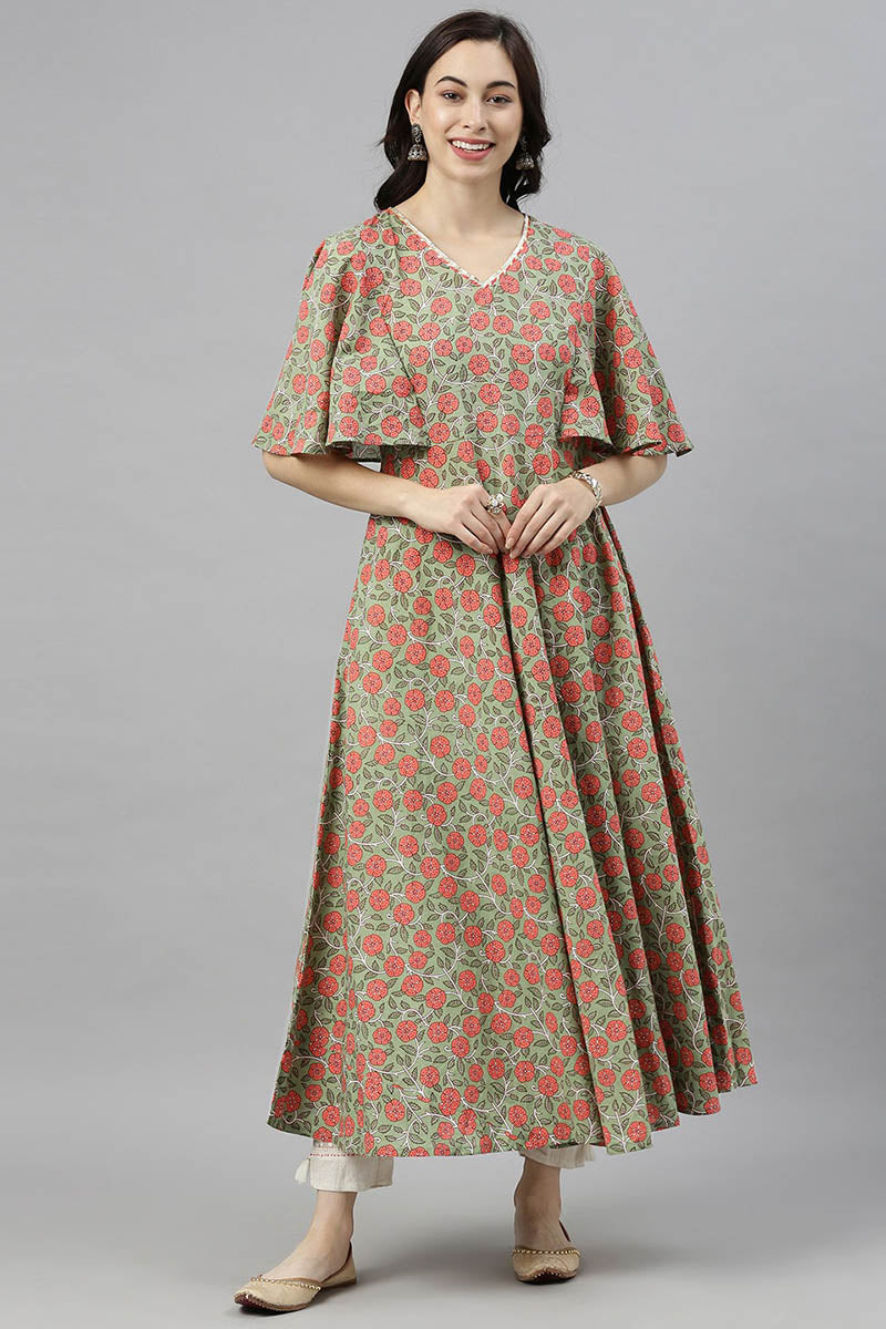 Green Cotton Flared Kurta | SHOBITAM