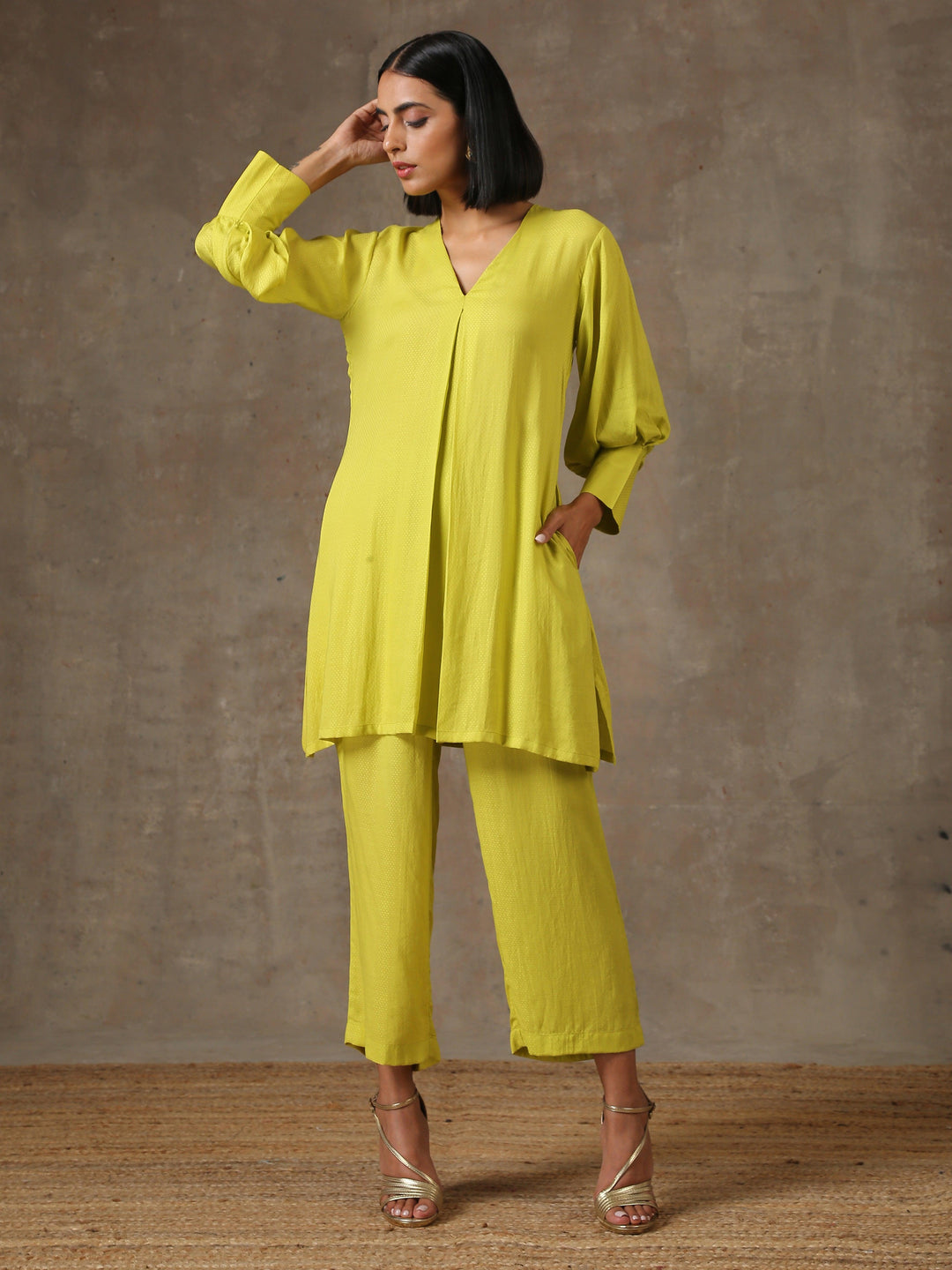 The Penelope - Lime Green Solid Textured Co-Ord Set | SHOBITAM
