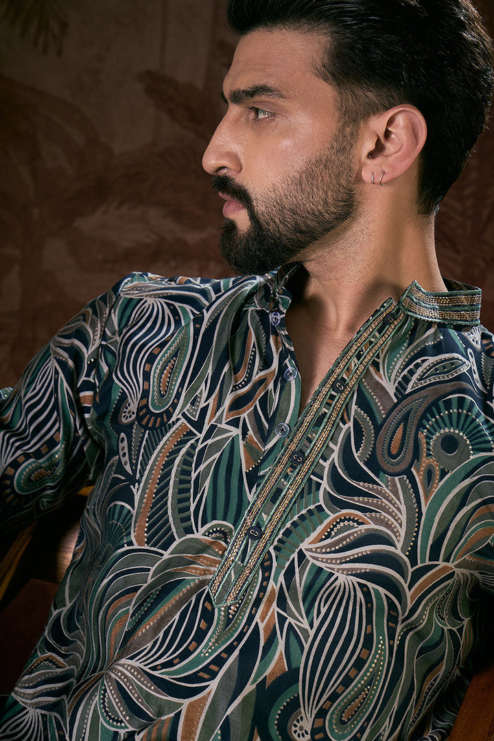 Navy Blue Silk Blend Abstract Printed Straight Kurta With Trouser | SHOBITAM