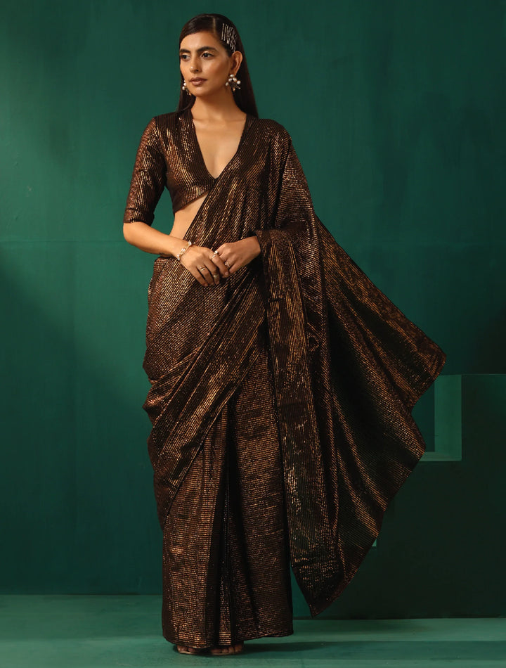 Black Cotton Gold Striped Saree With Unstitched Blouse | SHOBITAM