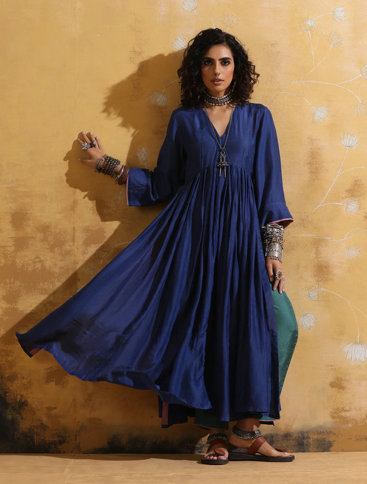 Blue Muslin Silk Anarkali Kurta Pant Set  | SHOBITAM