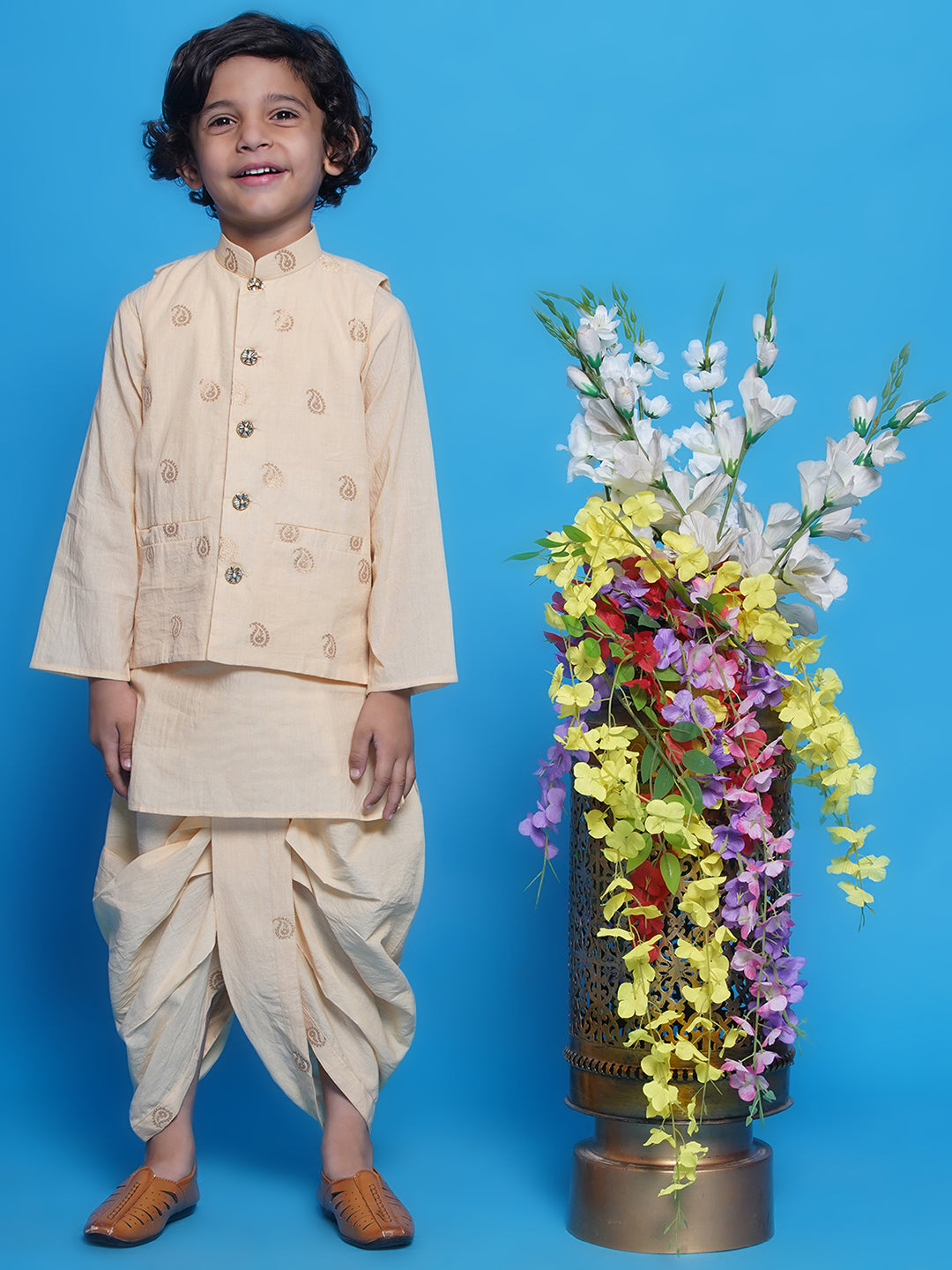 Boys Cotton Sleevelees Golden Ambi Embrodiery Nehru Jacket with Kurta and Dhoti - Seashell Cream | SHOBITAM