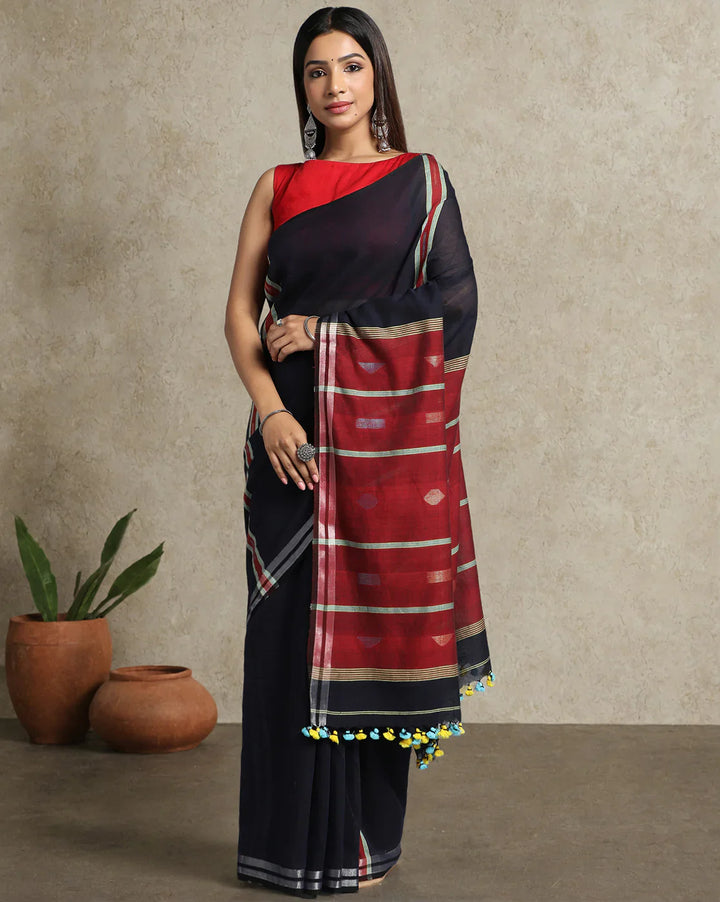 Midnight Blue Handloom Jamdani Cotton Saree
