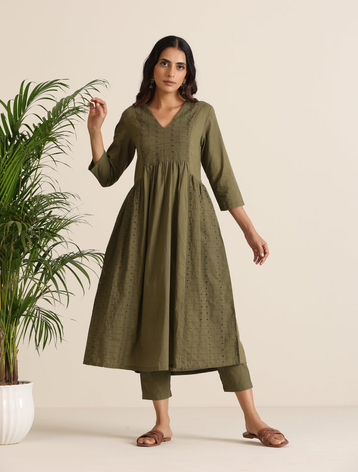 Olive Cotton Cutwork Embroidered Kurta Set  | SHOBITAM