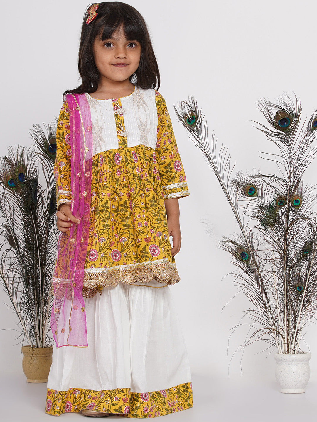 Girls Floral Kurta Frock with Sharara and Dupatta - White & Yellow | SHOBITAM