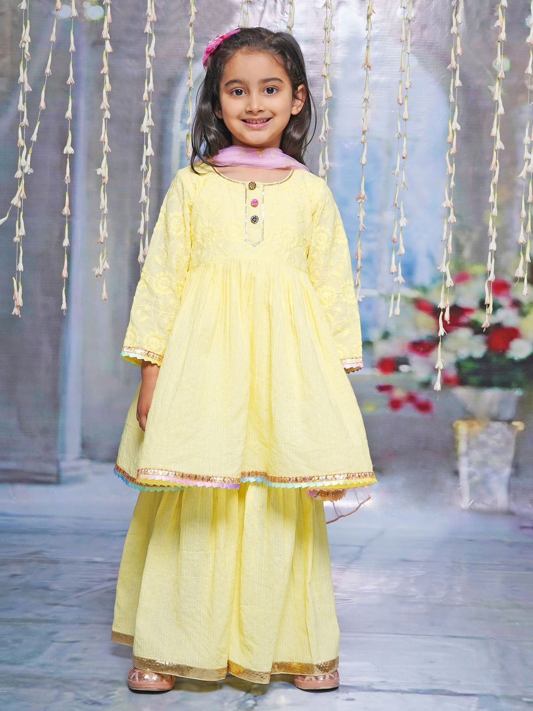 Floral Embroidery Kurta Sharara with Dupatta - Lemon Yellow | SHOBITAM