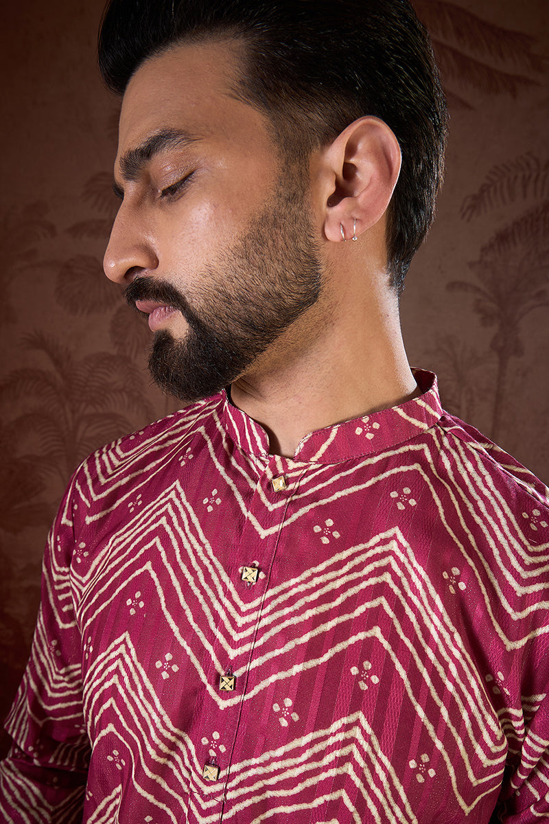 Magenta Silk Blend Chevron Printed Straight Kurta For Men | SHOBITAM