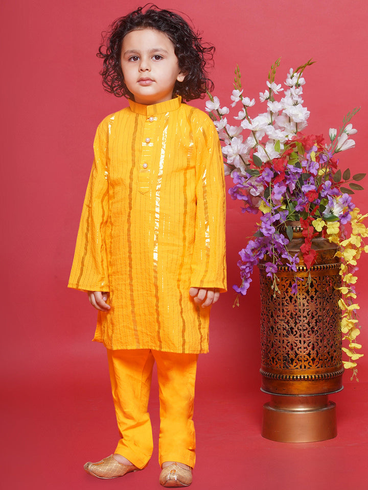 Cotton Full Sleeves Lurex Striped Kurta with Pyjama -Yellow | SHOBITAM
