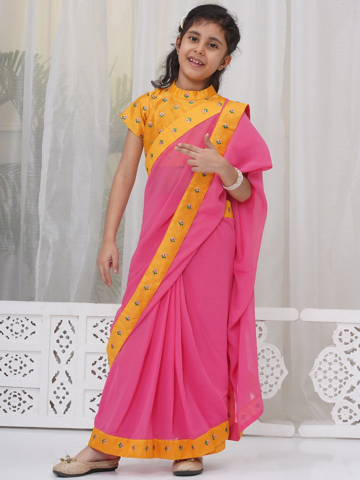 Girls Brocade Short Sleeves Sequin Floral Embroidery Ready to wear Blouse with Ready to wear Georgette Saree - Pink | SHOBITAM