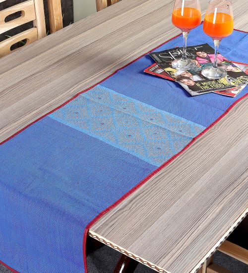 Blue Yellow Dhuniya Handloom Cotton Table Runner | SHOBITAM
