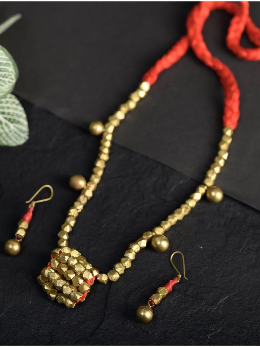 Red Beaded Tribal Pendant Set Jewellery | SHOBITAM