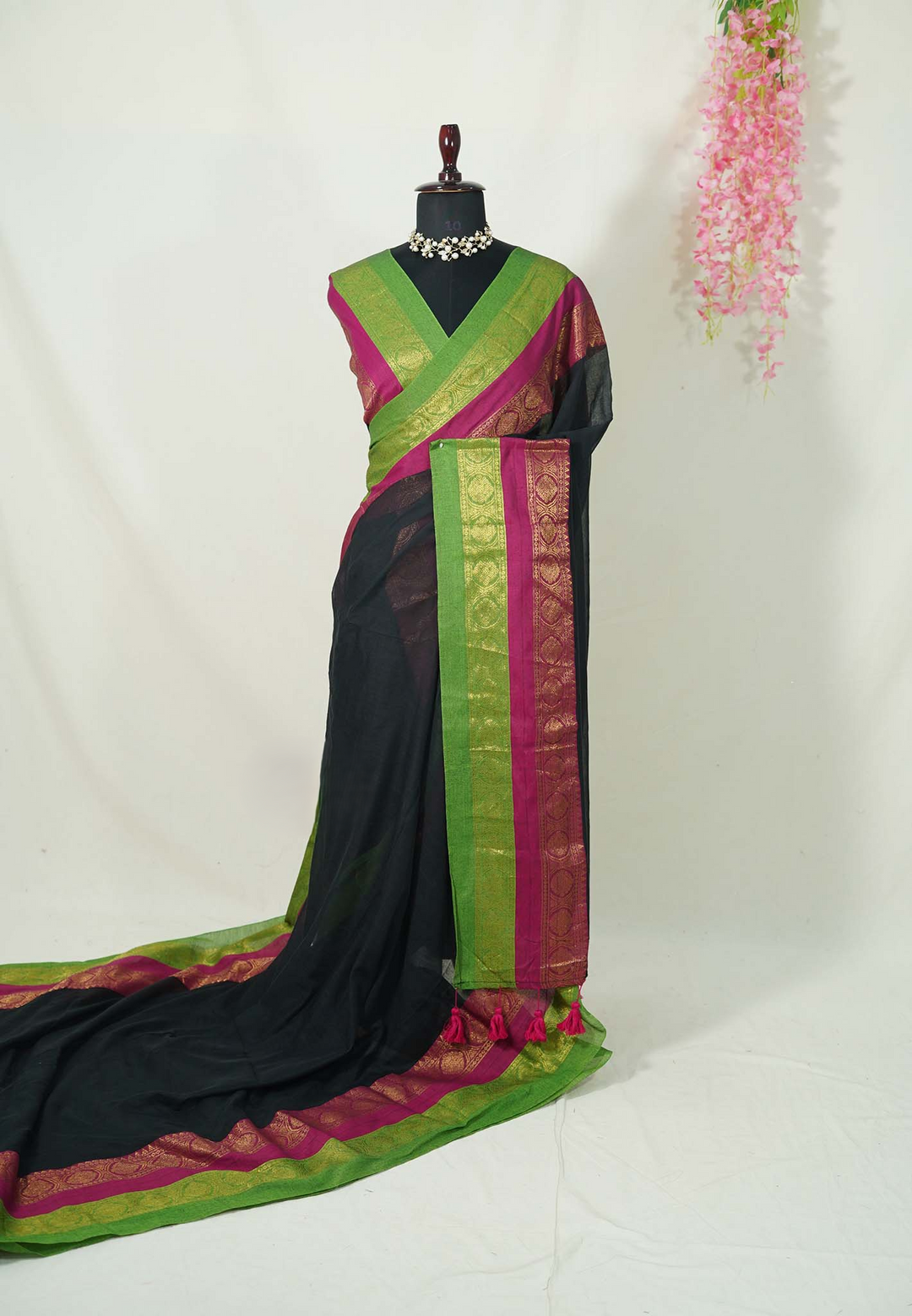 Jet Black Mul cotton Saree with 2 colors Border | SHOBITAM