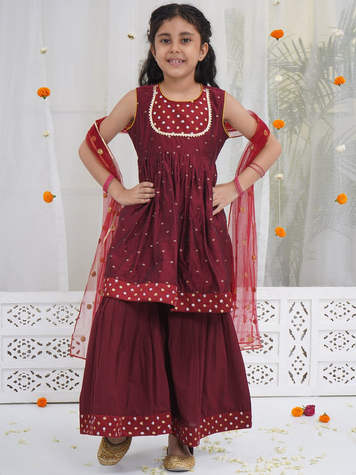 Girls Maroon Chanderi Semi-Silk Kurta Sharara Set with Dupatta and Cotton Lining | SHOBITAM