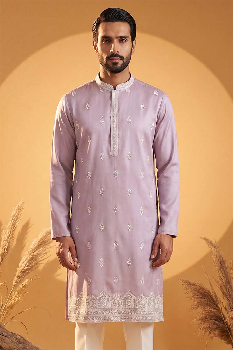Mens Lavender Silk Blend Solid Embroidered Kurta With Trousers | SHOBITAM