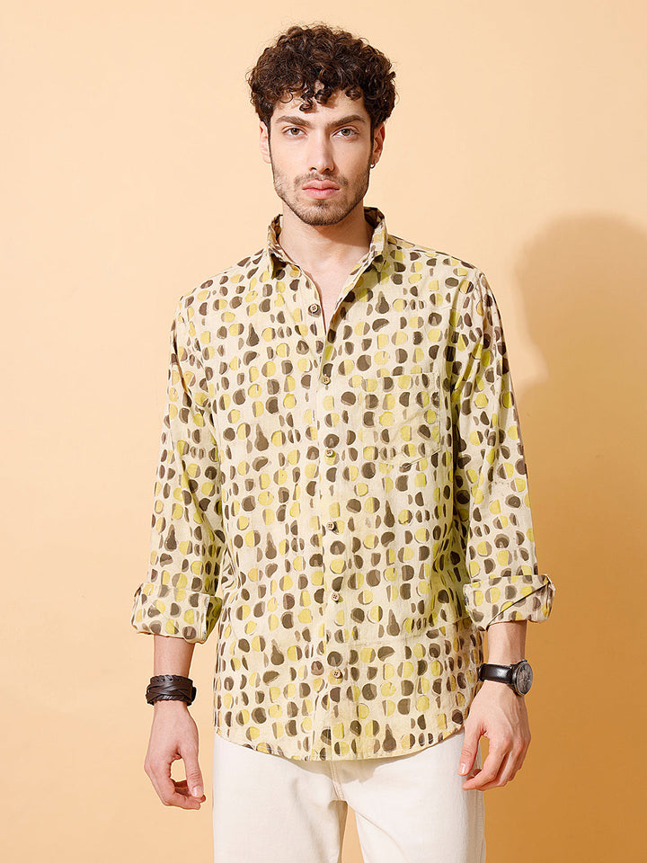 Maati Ajrakh Full Sleeve Cotton Shirt in Cream for Men