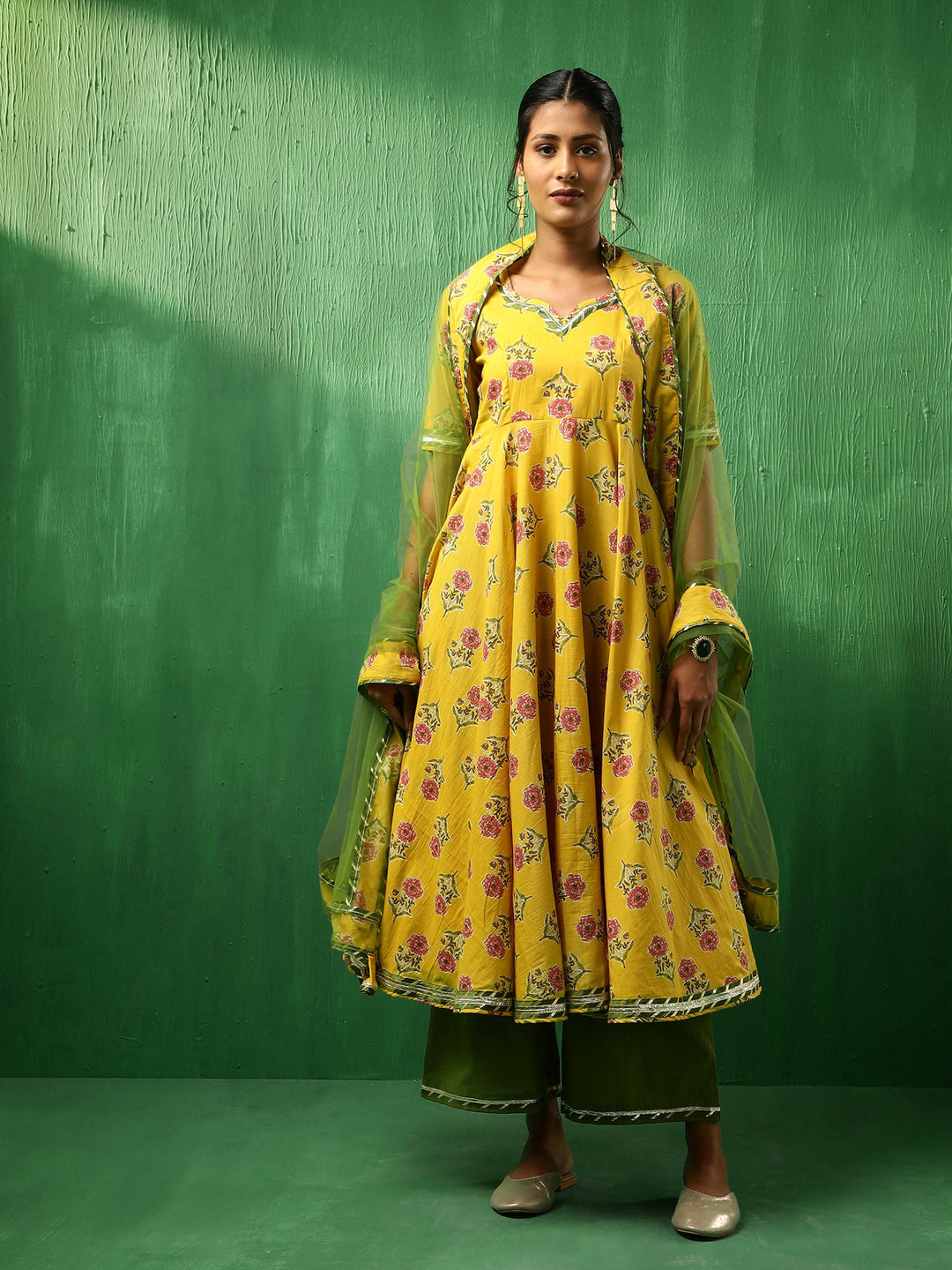ADAA YELLOW COTTON ANARKALI SET | SHOBITAM