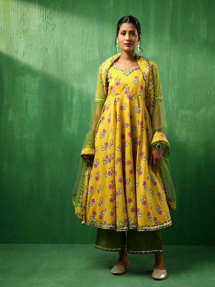 ADAA YELLOW COTTON ANARKALI SET | SHOBITAM